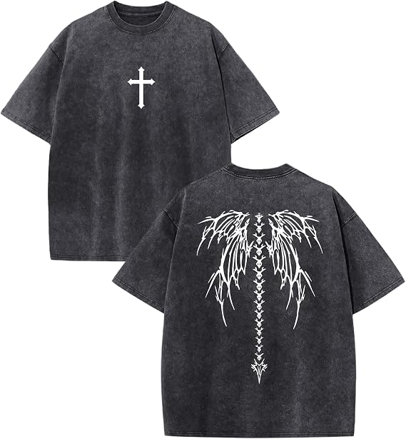 Y2K Gothic Punk Shirt for Men Cross Skull Vintage Graphic Tees Grunge Streetwear Goth Shirts Baggy Acid Wash Tshirt - skull tshirt
