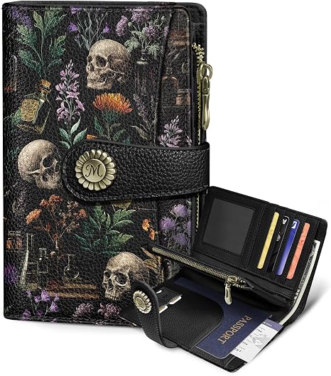 Goth Wallet Women RFID, Flower Passport Holder, Credit Card Holder - skull wallet