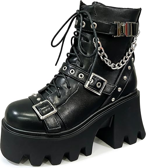 FOREADA Platform Combat Boots Women Goth Chain Chunky Heel Motorcycle Boot - sugar skull costume