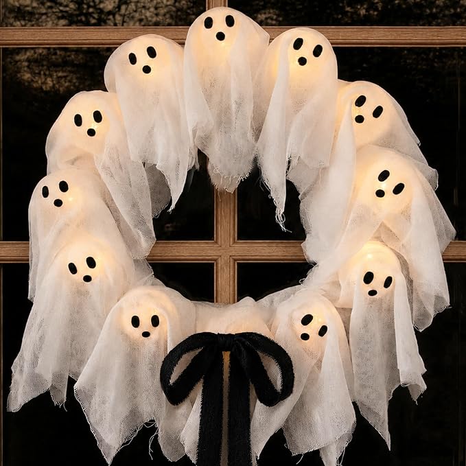 Halloween Decorations Outdoor - 22" Cute Lit Ghost Wreath - skull wreath