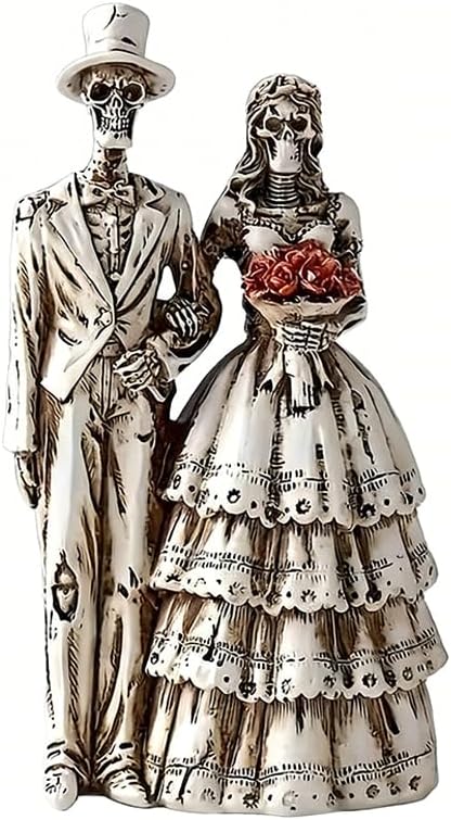 Gothic Skeleton Couple Figurine Dark Romance Cake Topper Wedding Decor Spooky Skull Valentines Day Gifts for Bride and Groom Resin Home Bookshelf Decorations Art Aesthetics - skull figurine
