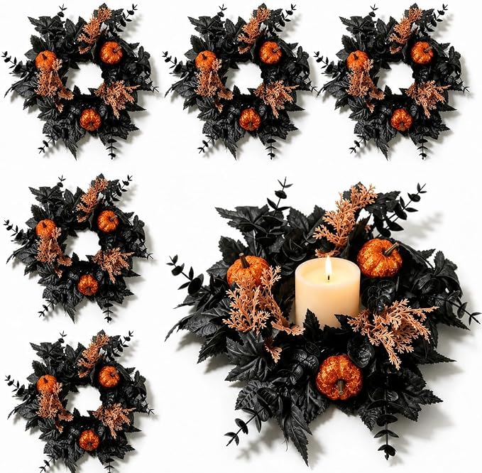 6 Pcs Mini Halloween Candle Ring Wreaths for Cabinets Small Pillar Candle Holder Wreath with Black Leaves Glitter Orange Pumpkins Artificial Spooky Gothic Wreaths 6 Inch Mini Halloween Cabinet Wreaths
