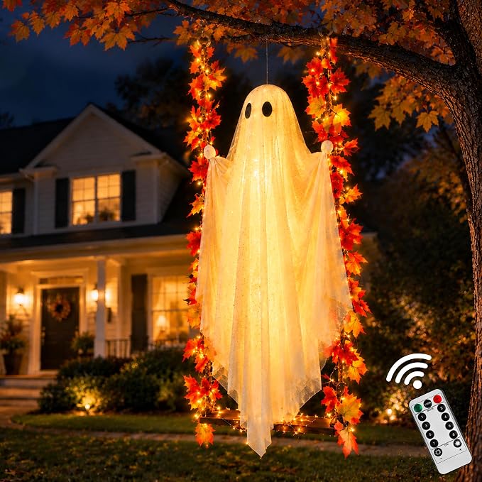 AYGXU Halloween Decorations Outdoor Indoor-5.3ft Hanging Ghost Decor with a Maple Leaf 6.6ft Swing,Ghost Light,Halloween Decor for Tree,Yard,Porch,Garden
