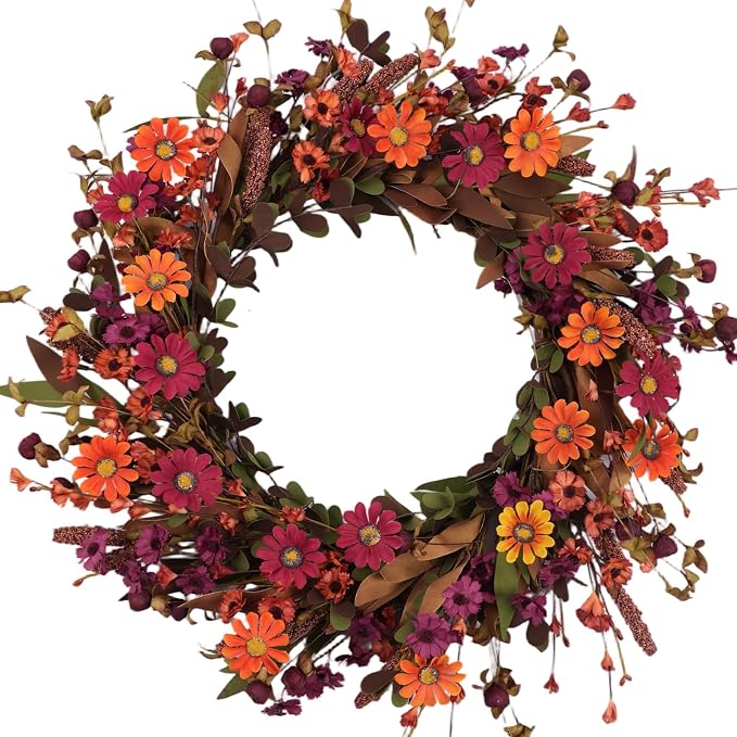 22" Fall Wreath for Front Door, Burgundy Daisy Wreaths - skull wreath