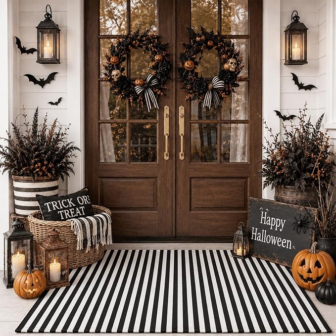 Moucuny Halloween Black and White Vertical Stripe Outdoor Rug 3' X 5' - skull rug
