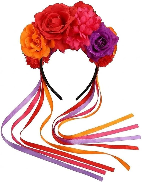 Mexican Flower Crown Headband with Ribbon, Day of the Dead Floral Headpiece, Halloween Costume Hair Accessory - skull headband