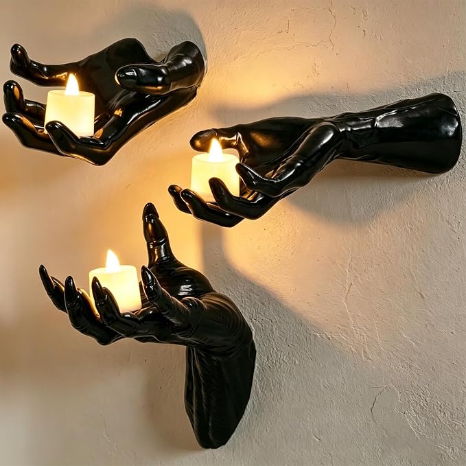 Halloween Wall Decor, 3 PCS Gothic Hands with LED Candles, Scary Decoration