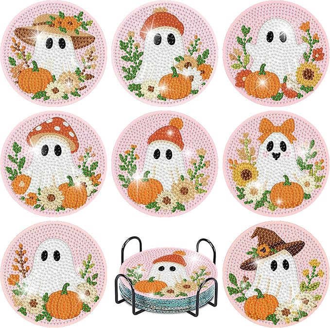 8 Pcs Halloween Diamond Art Coasters Kits with Holder 4X4 Inch - skull coaster
