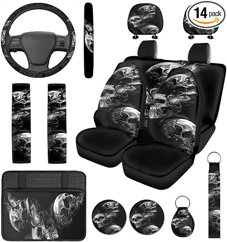Skull Car Seat Covers with Head Rest Protector,Armrest Cushion,Seat Belt & Car Cup Holder Coaster with Keychain, Spooky 14 PCS Car Accessories for Most Sedan SUV Trucks - skull coaster