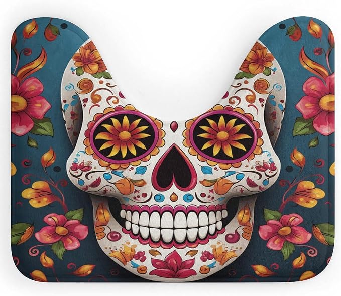 U-Shaped Bathroom Toilet Rug Super Absorbent Toilet Rug Non-Slip Quick Dry Colorful Sugar Skull U Shape Bathroom Rugs Waterproof Bath Room Floor Mat, Ultra-Thin Easy Clean Bath Rugs 16x20 Inch - skull toilet mat