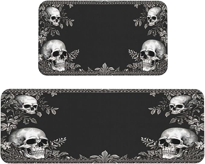 Skull and Floral Border Kitchen Rug Set of 2 Non-Slip Waterproof Cushioned Comfort Standing Floor Mat Washable Farmhouse Decorative Rug for Kitchen Office Sink Laundry Hallways