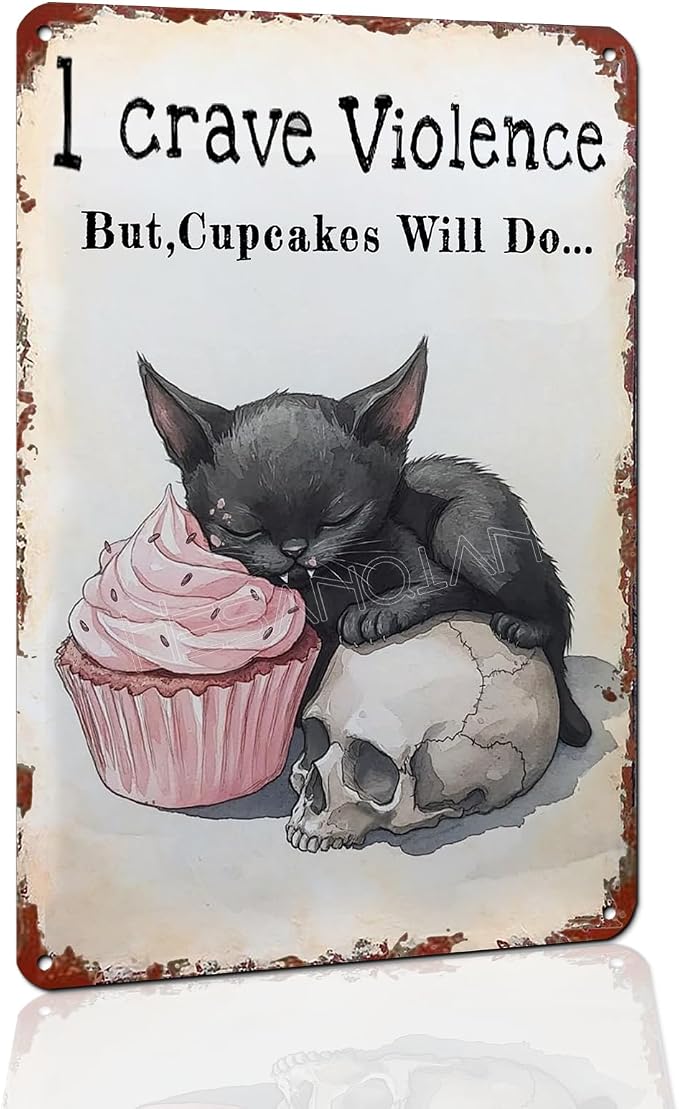 Funny Black Cat Skull Metal Sign, 12 x 8 Inches office wall decor