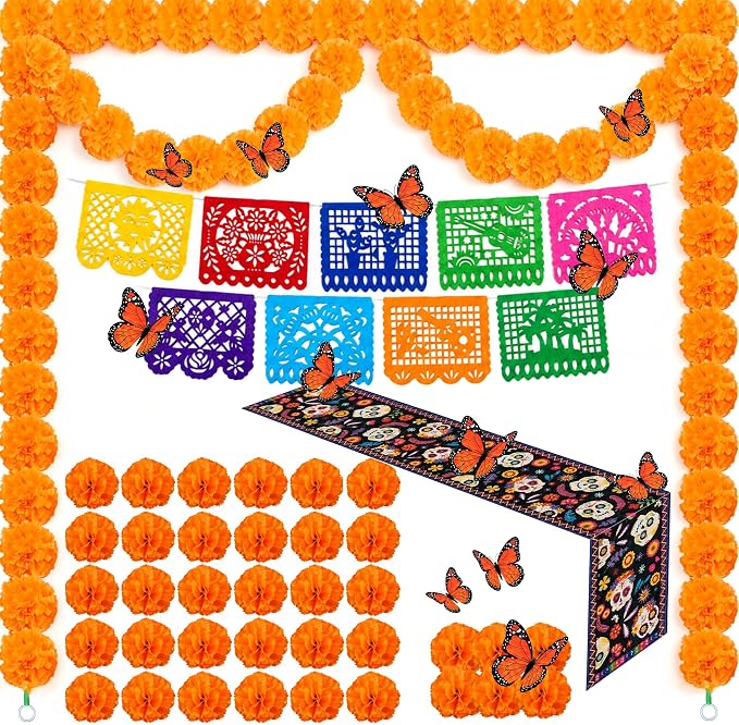 54 Pcs Dia de los Muertos Decorations Set, Day of the Dead Ofrenda Altar - skull carpet