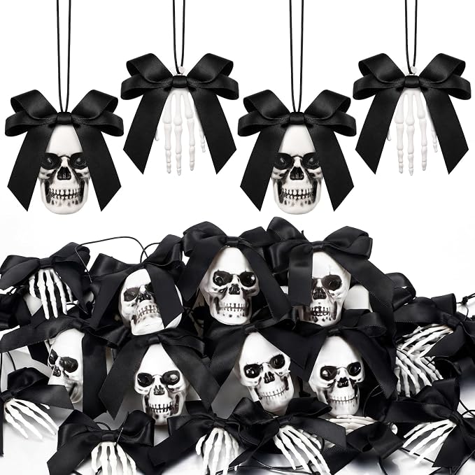 Poen 24 Pcs Halloween Tree Ornament Horror Black Bow Skull Skeleton Decor - sugar skull ornament