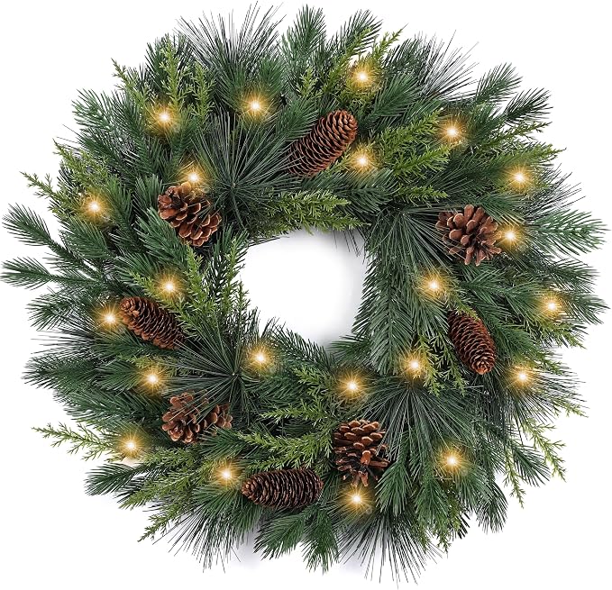26" Prelit Christmas Wreath with 30 Warm Lights & 8 Light Modes - skull wreath