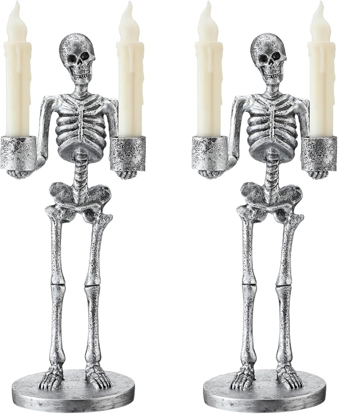 2 Sets Silver Skeleton Candles Taper Holder for Halloween 13" - skull candle
