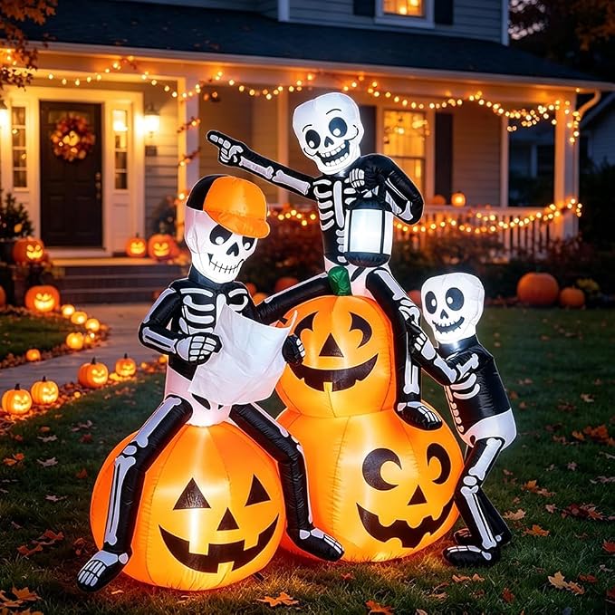 CAMULAND Halloween Inflatable Outdoor Decoration, Skeletons with Pumpkin - skeleton