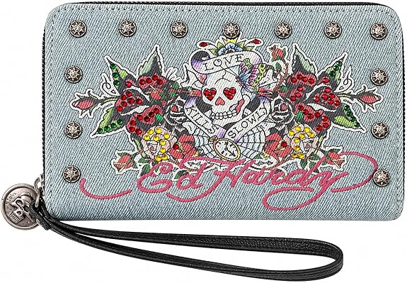 ED HARDY Women’s Zip Around Wallet Wristlet Skull Rose Studded Organizer Clutch, Large Capacity Card Holder & Coin Purse - sugar skull handbags for sale