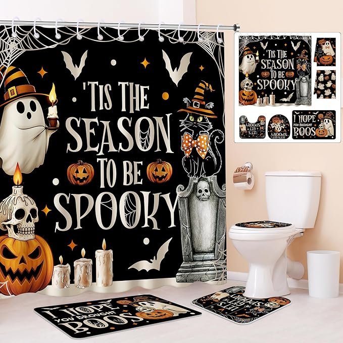 HunnmingRe 6 Pcs Halloween Bathroom Decor, Spooky Ghost Shower Curtain Sets - skull toilet paper