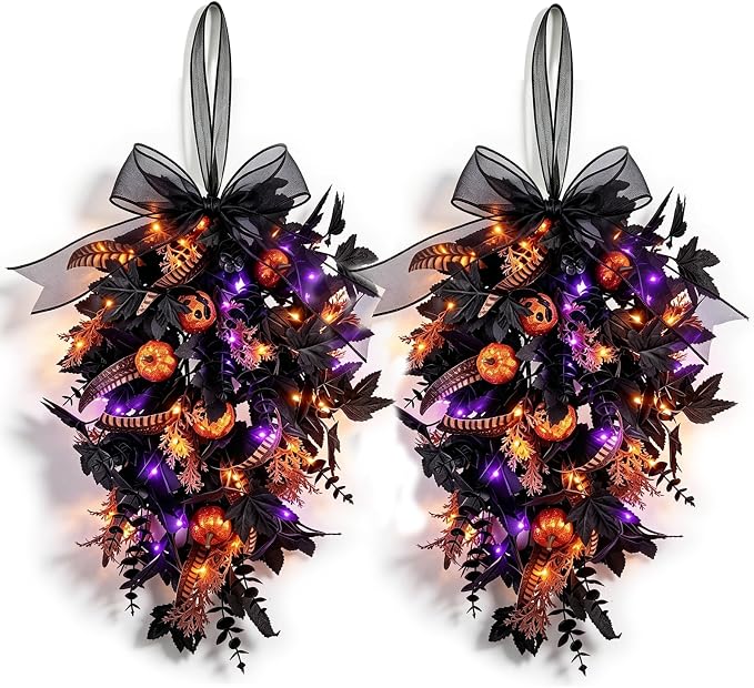 2 PCS 24'' Halloween Glitter Pumpkin Teardrop Swags for Front Door Artificial Halloween Black Maple Leaves Feather Hanging Swag for Kitchen Cabinet Home Wall Decor Party Outdoor Indoor Decor - skull wreath