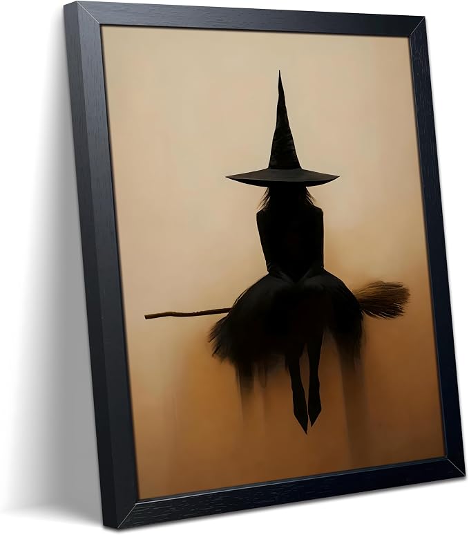 Framed Halloween Witch Wall Art, Gothic Witch Canvas Poster Print Picture, Dark Academia Spooky Aesthetic Wall Decor Painting for Bedroom Living Room Bathroom Halloween Party Home Decor 12x16 Inch - skull wall art