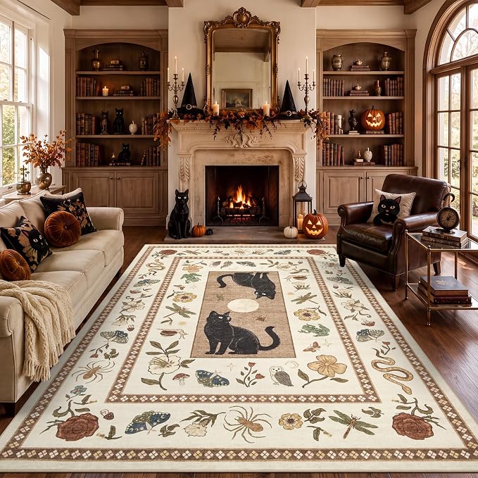 Garvee Cat 5x7 Area Rugs for Living Room Gothic Whimsical Washable Rug - skull carpet
