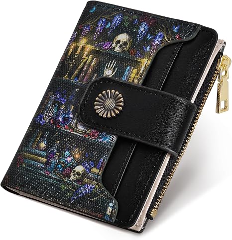 Skull Goth Small Wallet, 4.9x3.5inch RFID Blocking Bifold Card Holder Wallet with 8 Card Slots, Cash Compartment, Zipper Coin Pocket ID Window, Slim Credit Card Holder Travel Wallet, Black - skull wallet