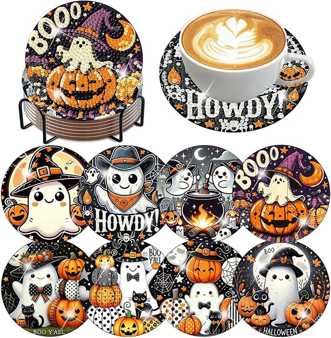 Axquilon 8 Pcs Halloween Diamond Art Coasters Kit for Adults 4x4in - skull coaster