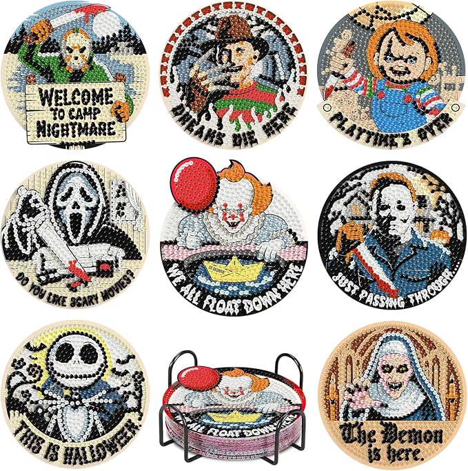 8 Pack Horror Diamond Art Coasters Kits- Diamond Painting Coasters Kits - skull coaster