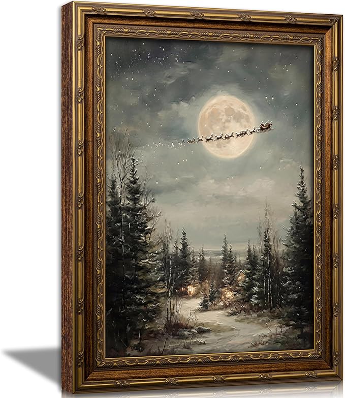 KKP Vintage Santa Sleigh Framed Wall Art Antique Christmas Night Full Moon Snowy Winter Forest Farmhouse Holiday Wall Decor for Bedroom Living Room Study Entryway Nursery 9x11 Inch - skull wall art