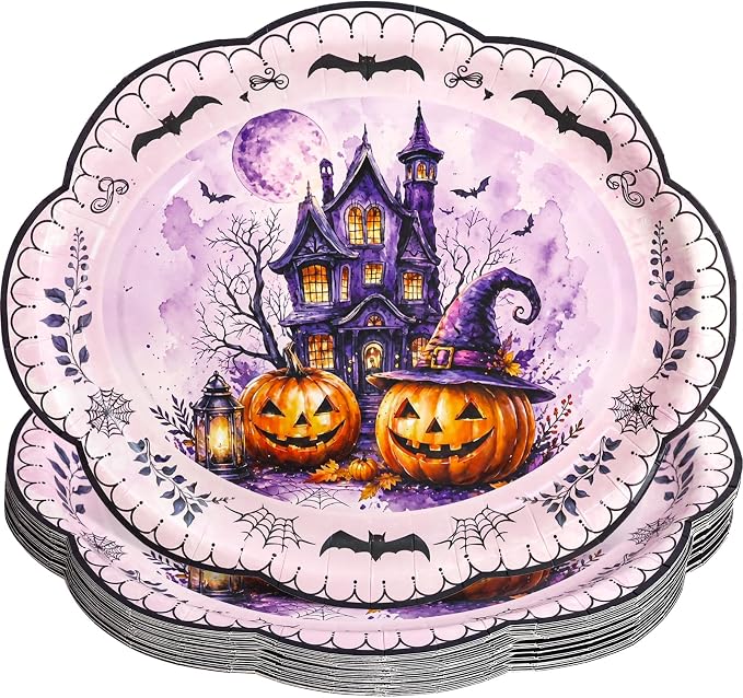 WorldBazaar Halloween Oval Paper Plates 24 PCS Large Pumpkin Dinner Plates - skull plate