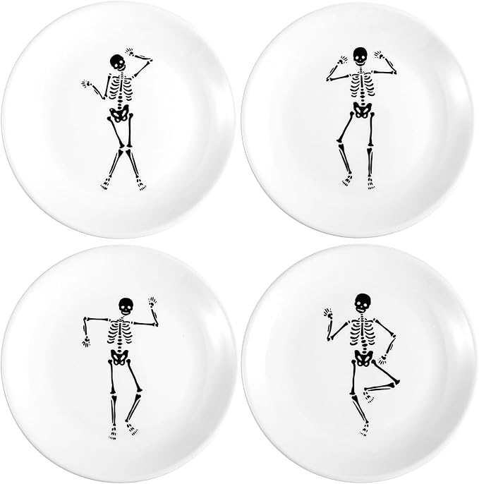 Qinyoung 4 Pcs Halloween Skeleton Appetizer Plates Ceramic Accent Plates - skull plate