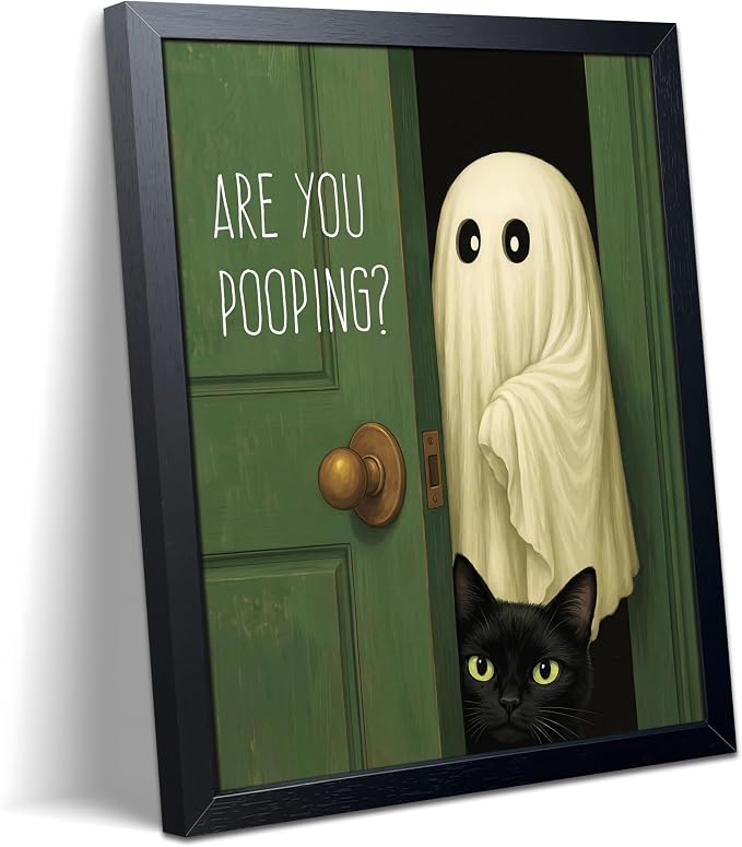 Funny Ghost Bathroom Canvas Wall Art Framed, Are You Pooping Black Cat Print Poster, Cute Halloween Bathroom Decor Artwork Oil Painting, Humorous Spooky Restroom Wall Decor for Apartment Home 8x10 Inch - skull wall art