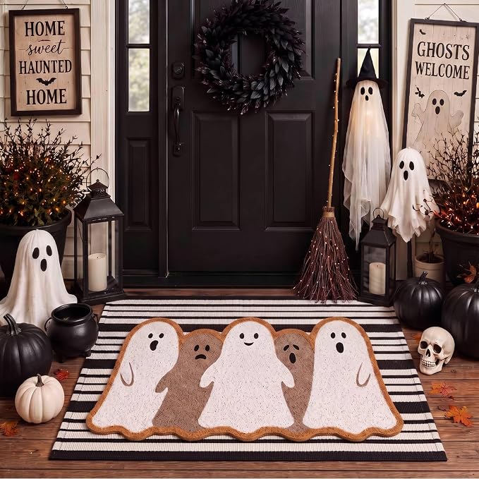 Moucuny 2 Pcs Halloween Ghost Coir Doormat Outdoor, Non-slip Backing - skull door mat