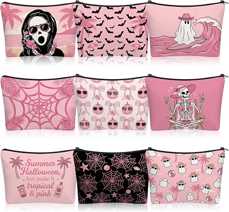 Dansydaisy 9 Pcs Pink Halloween Makeup Bags Cute Spooky Ghost Cosmetic Bags - skull suitcase