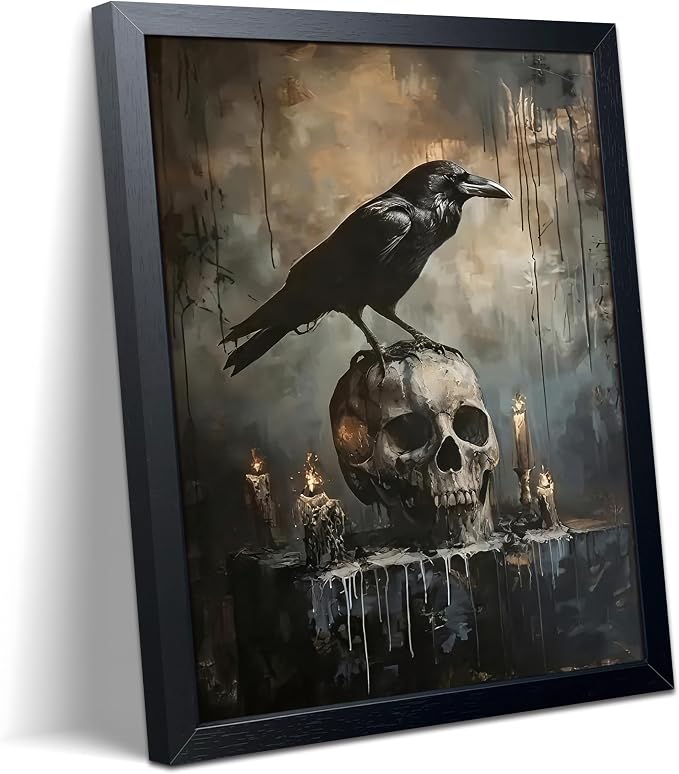 Framed Halloween Raven Skull Canvas Wall Art, Gothic Dark Academia Gothic Horror Wall Decor Painting, Spooky Raven Skull Poster Print Picture for Living Room Bedroom Bathroom Home Decor 8×10 Inch