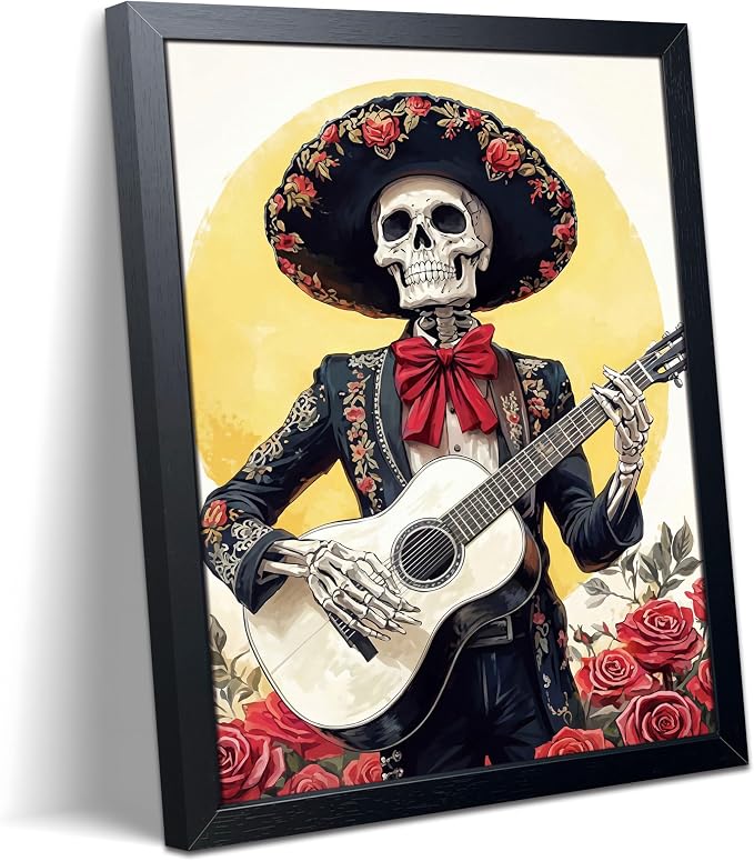SAMHOU Skeleton Guitar Wall Art Canvas Framed Poster Painting Print Picture, Mariachi Skull Musician Artwork with Roses, Gothic Day of the Dead Decor for Bedroom Living Room Home Bar 8x10 Inch - skull wall art
