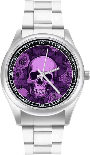 Purple Skulls and Roses Watch Men's Casual Stainless Steel Watches Fashion Business Wristwatch Silver Work Wrist Watches Numerals Dial Dress Watch Easy to Read - skull watch