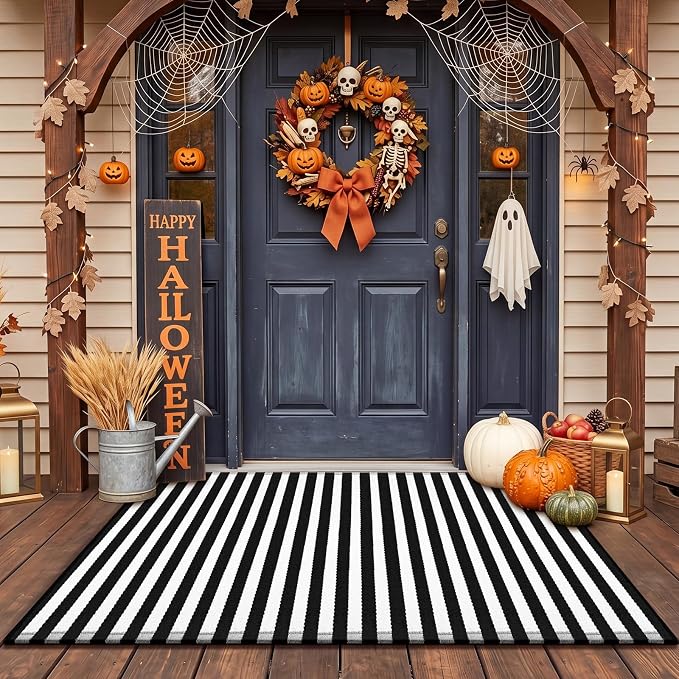 Moucuny Halloween Black and White Vertical Stripe Outdoor Rug 2’4” X 3’7”
