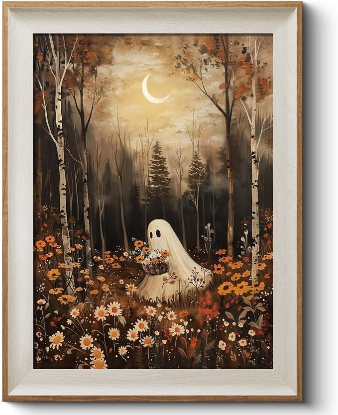 Classic Frame Ghost Holding Flowers Halloween Canvas Wall Art 16x12 Inch - skull painting