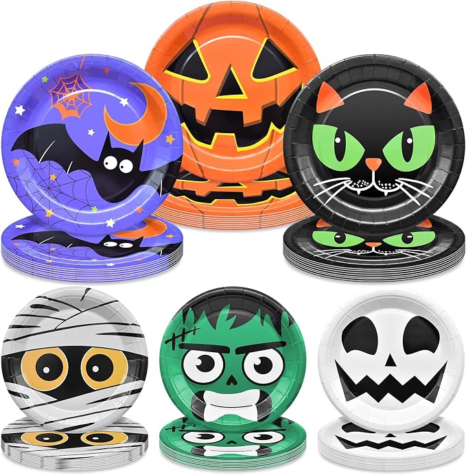 48 Pieces Halloween Party Plates Set – 9 Inch and 7 Inch Disposable Paper Plates with Cute Cat, Pumpkin, Bat, Skull and Mummy Designs for Halloween Party Decorations, Serves 24 Guests - skull plate