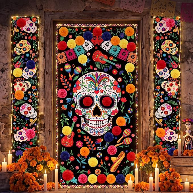 Yookeer 56pcs Day of The Dead Door Banner with LED Light, Sugar Skull Decor - string light