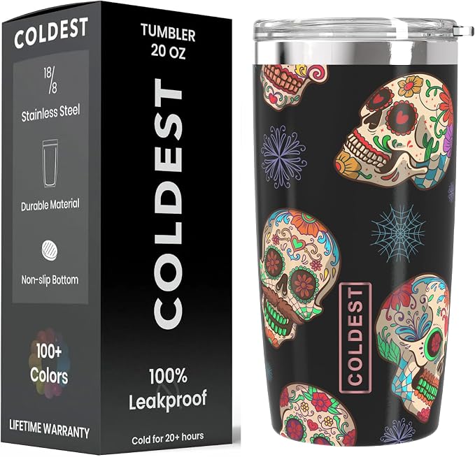 Coldest Coffee Tumbler Cups - 100% Spill Proof Tumbler - Stainless Steel Double Insulated - Leakproof Tumblers for Women & Men - Cup Holder Friendly and Easy to Clean (Sugar Skulls, 20 oz) - skull bottle