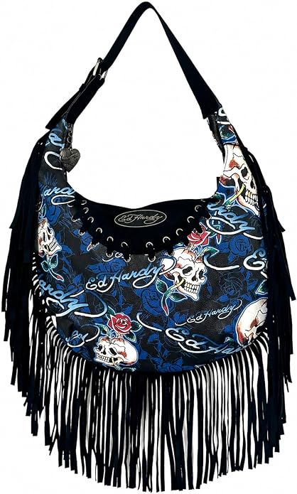 ED HARDY Skull Rose Fringe Hobo Shoulder Bag Studded Lace Detail Tassel Purse 14.5 x 10 Inches - sugar skull handbags for sale