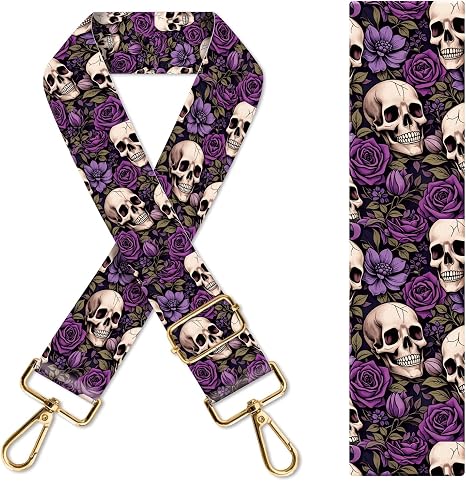 Purse Strap Replacement Crossbody 1.5" Wide Gold Buckle Shoulder Strap, Cute Handbag Strap Bag Strap Replacement Belts Adjustable Cute Rose Purple Skulls - sugar skull handbags for sale