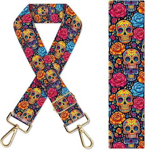 Purse Strap Replacement Crossbody 1.5" Wide Gold Buckle Shoulder Strap, Cute Handbag Strap Bag Strap Replacement Belts Adjustable Colorful Rose Skulls - sugar skull handbags for sale
