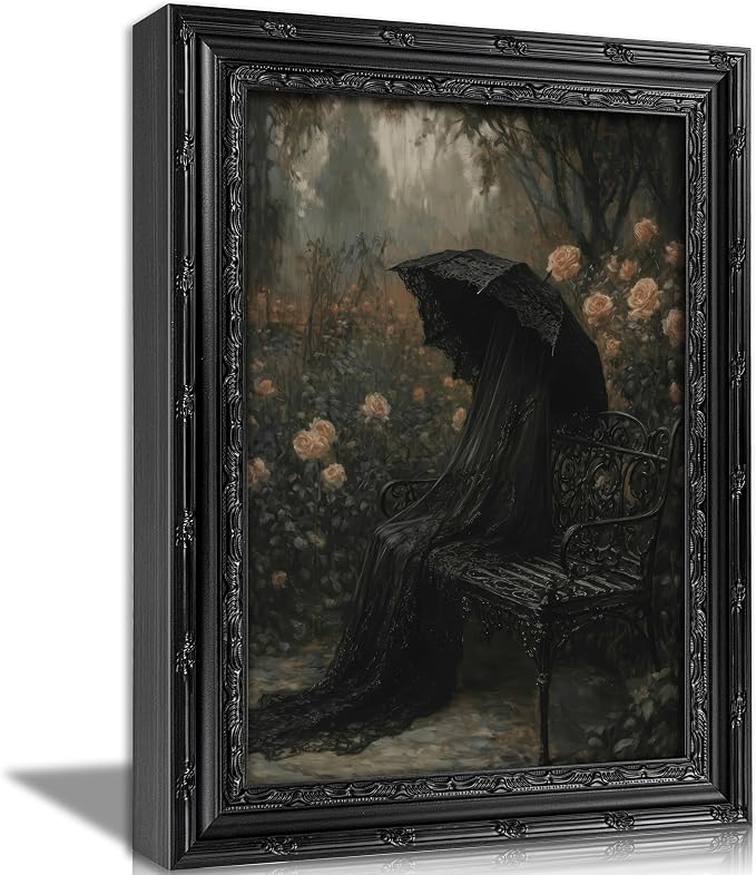 Vintage Black Framed Gothic Wall Art,Dark Academia Woman with Umbrella Canvas Print,Victorian Veiled Woman Wall Decor,Witchy & Rose Artwrok Picture For Bedroom Living Room Library Halloween Room Decor