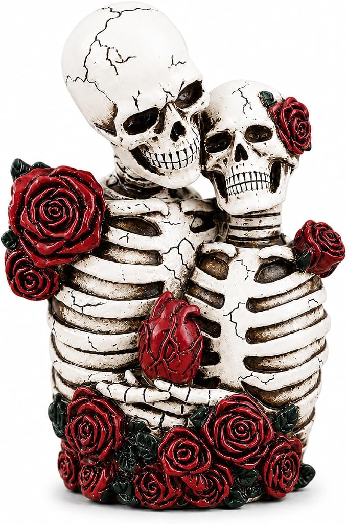 Halloween & Day of the Dead Skeleton Couple Figurines,Dark Aesthetic Skeleton Bride and Groom with Red Roses and Anatomical Heart,Gothic Wedding Gift,Macabre Art Figurine for Home Table Mantel & Shelf - skull figurine