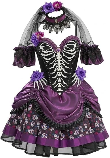 MEOWCOS Women's Gothic Skeleton Print Corset Dress Day of the Dead Halloween Costume with Accessories - sugar skull makeup