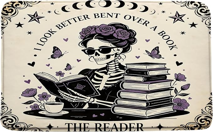 Gothic Halloween Bath Mat, Skeleton Reader, 17.8x29.5 Inch - skull toilet mat